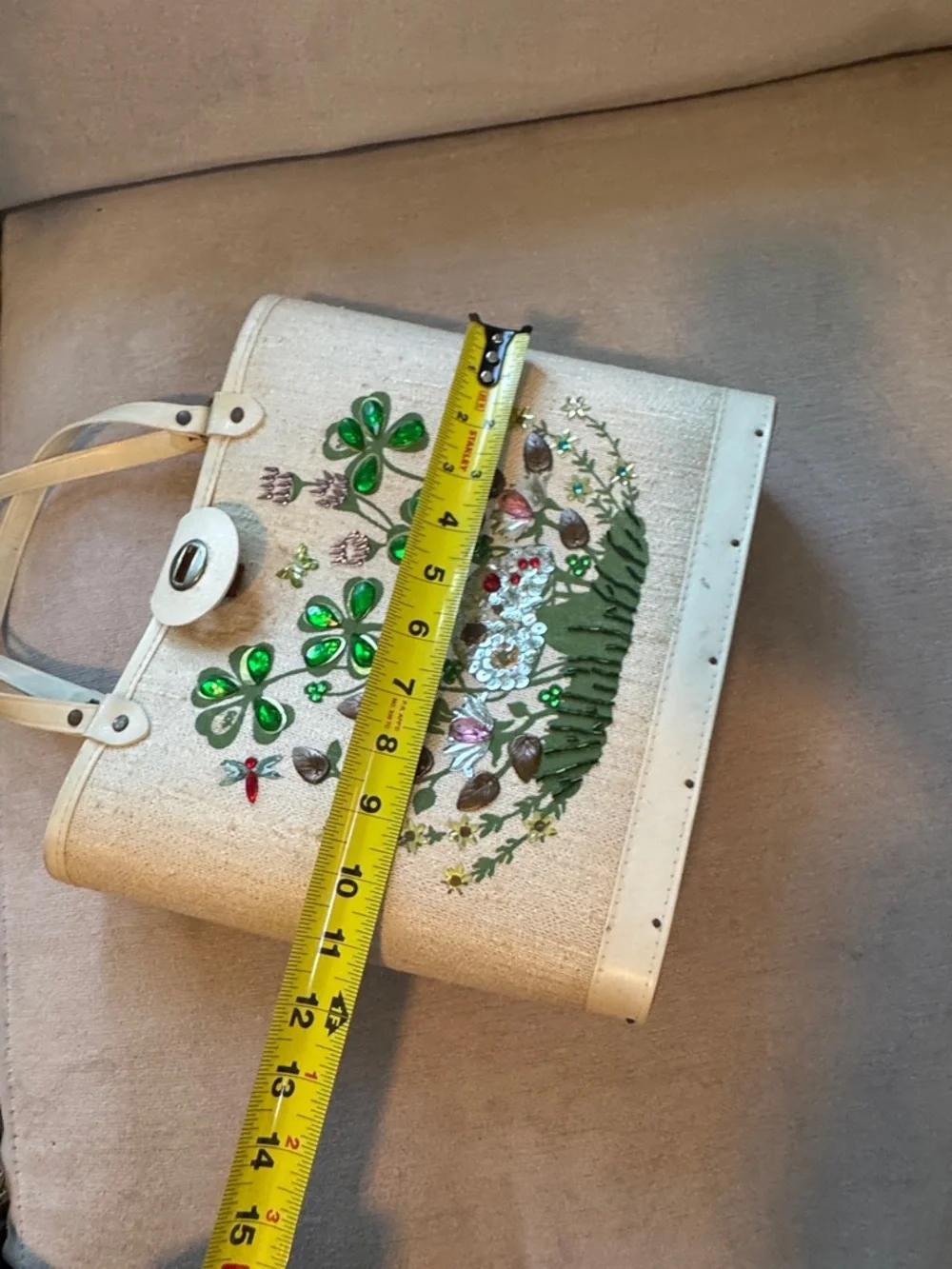 Vintage Cream Tote with Green Floral Appliqué and Jewel Accents - Picture 9 of 12